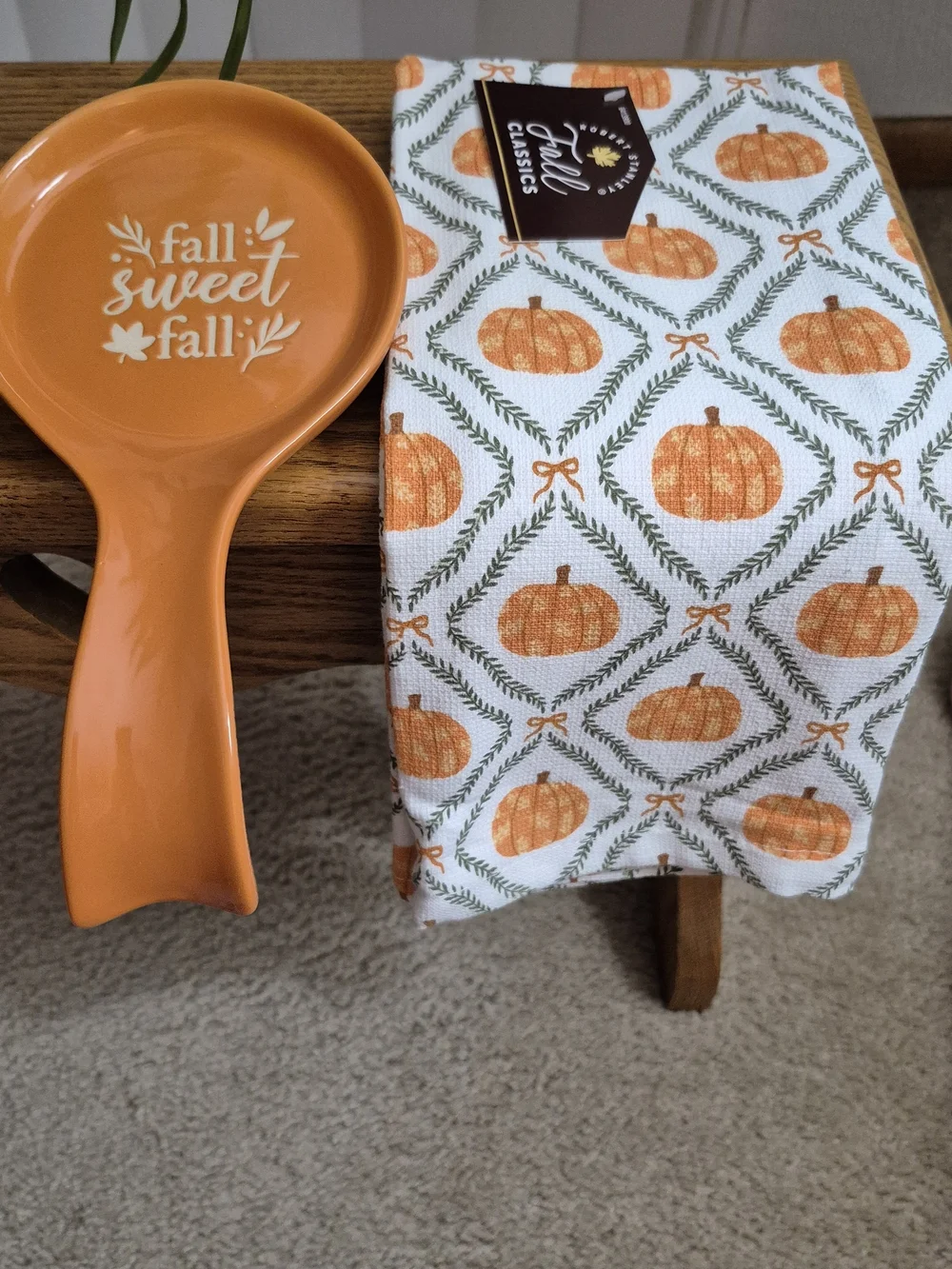 Pumpkin-Print Towels (Set Of 2) With A Matching Orange Fall Themed Spoon Rest - Picture 1 of 6
